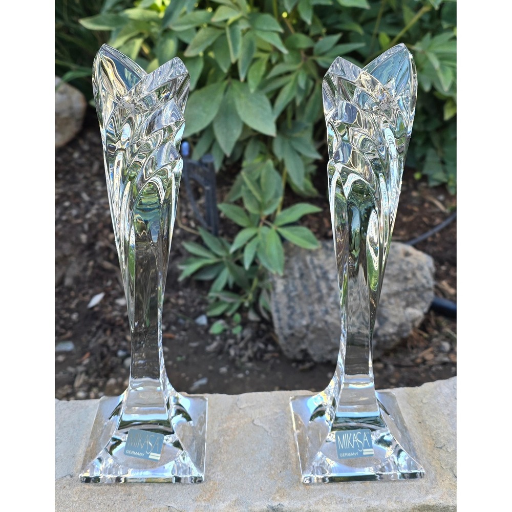 Mikasa "Deco" Lead Crystal Taper Candle Holders Set 9.5" Clear Glass Germany